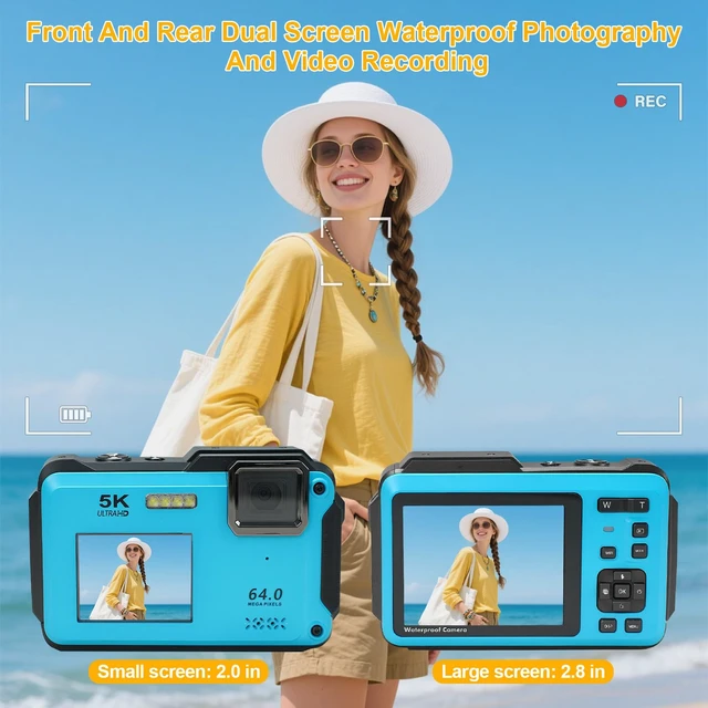 Alt view image 6 of 7 - 5K Underwater Camera 16FT Waterproof Camera with 32GB Card 64MP Autofocus Dual-Screen Selfie Underwater Camera for Snorkeling Waterproof Compact Floatable Digital Camera