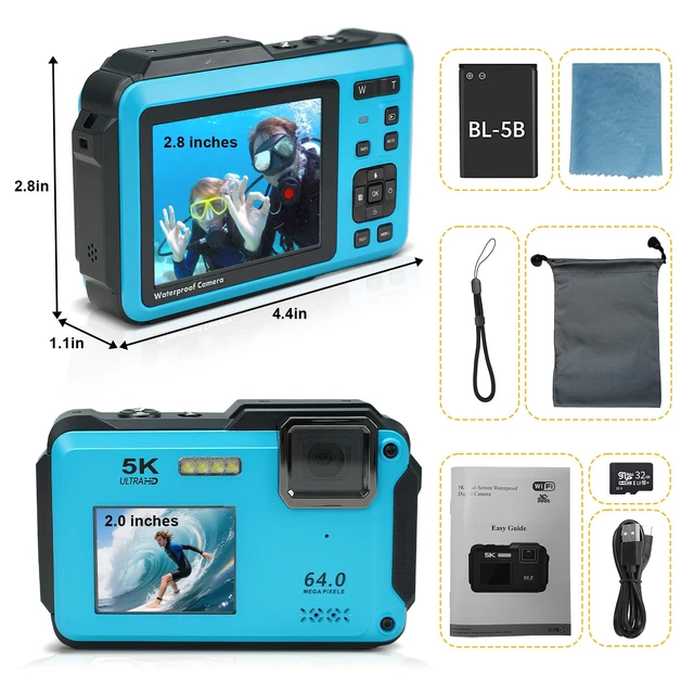 Alt view image 7 of 7 - 5K Underwater Camera 16FT Waterproof Camera with 32GB Card 64MP Autofocus Dual-Screen Selfie Underwater Camera for Snorkeling Waterproof Compact Floatable Digital Camera