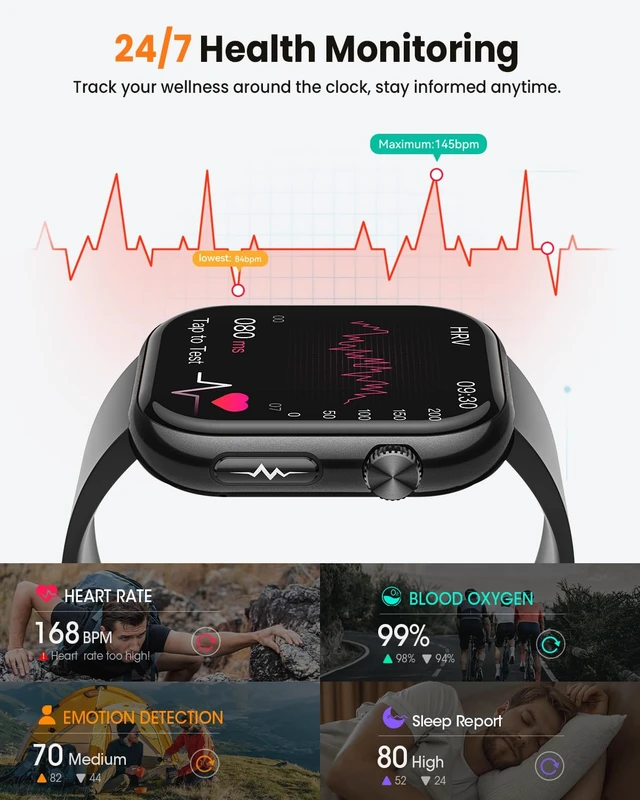 Alt view image 3 of 7 - Smart Watches for Men Women, Android/iPhone, Answer&Make Call Fitness Watch 1.95" Fitness Tracking Smartwatch, 24/7 Health Monitoring, Sleep Monitor, 140+ Sports Modes, IP68 Waterproof, Black