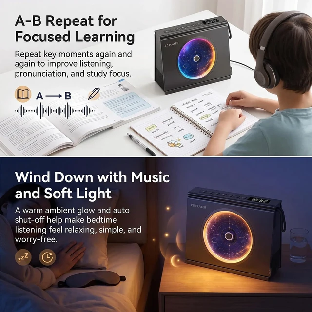 Alt view image 3 of 7 - Portable CD Player for Home Bluetooth 5.3,4000mAh Rechargeable Desktop CD Music Player with Speaker, Aesthetic CD Player for Home Room Decor,Battery Level Indicator,Y-03, Black