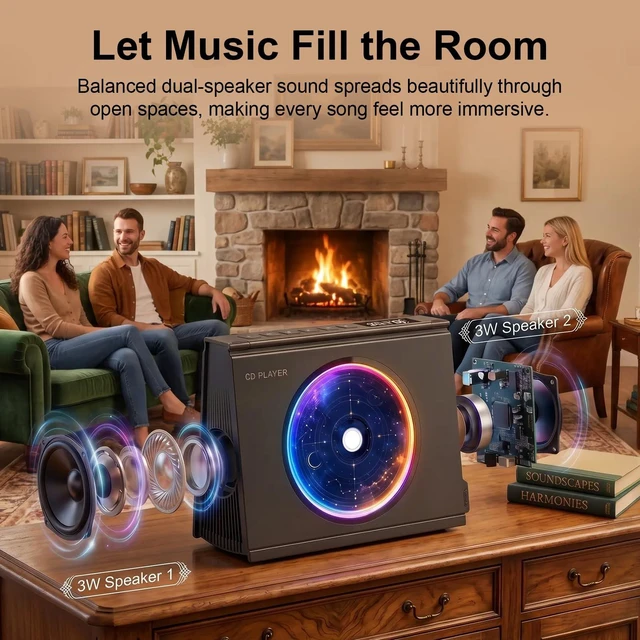 Alt view image 4 of 7 - Portable CD Player for Home Bluetooth 5.3,4000mAh Rechargeable Desktop CD Music Player with Speaker, Aesthetic CD Player for Home Room Decor,Battery Level Indicator,Y-03, Black