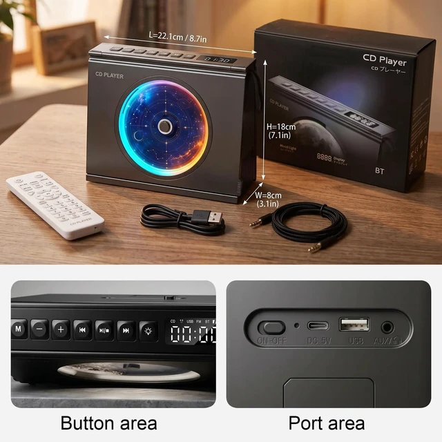 Alt view image 5 of 7 - Portable CD Player for Home Bluetooth 5.3,4000mAh Rechargeable Desktop CD Music Player with Speaker, Aesthetic CD Player for Home Room Decor,Battery Level Indicator,Y-03, Black