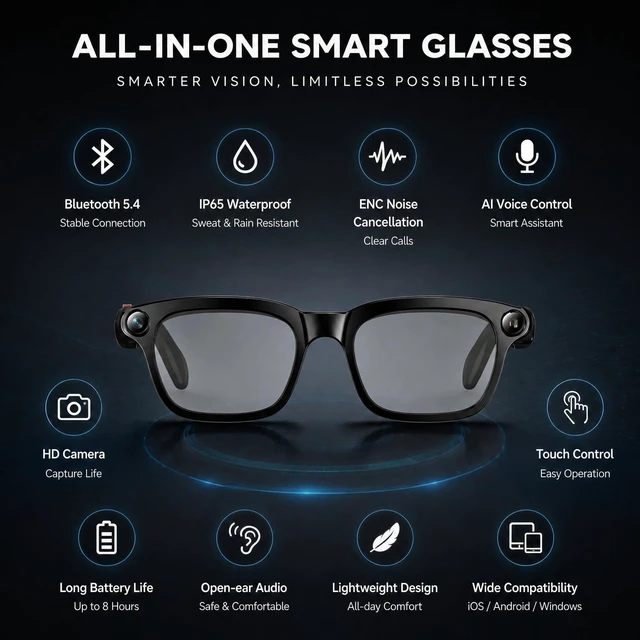 Alt view image 5 of 6 - AI Smart Glasses with Builtin Camera, 4K AntiShake Video & Photo Shooting Equipped with an 8MP camera, real-time translation, AI Voice assistant and object recognition functions for Men Women
