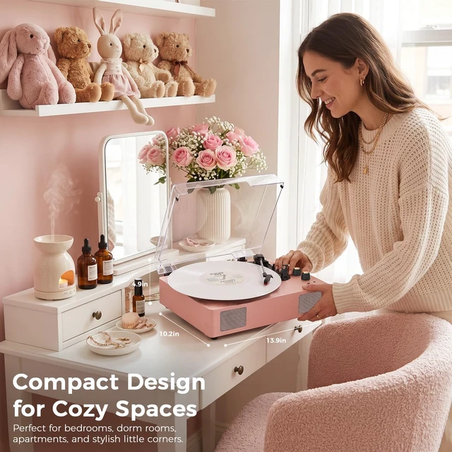 Alt view image 7 of 7 - Pink Bluetooth Record Player, 3-Speed Belt Drive Turntable Stylish pink design with Bluetooth, 3-speed playback, bass and treble control, stereo speakers, AUX and RCA output