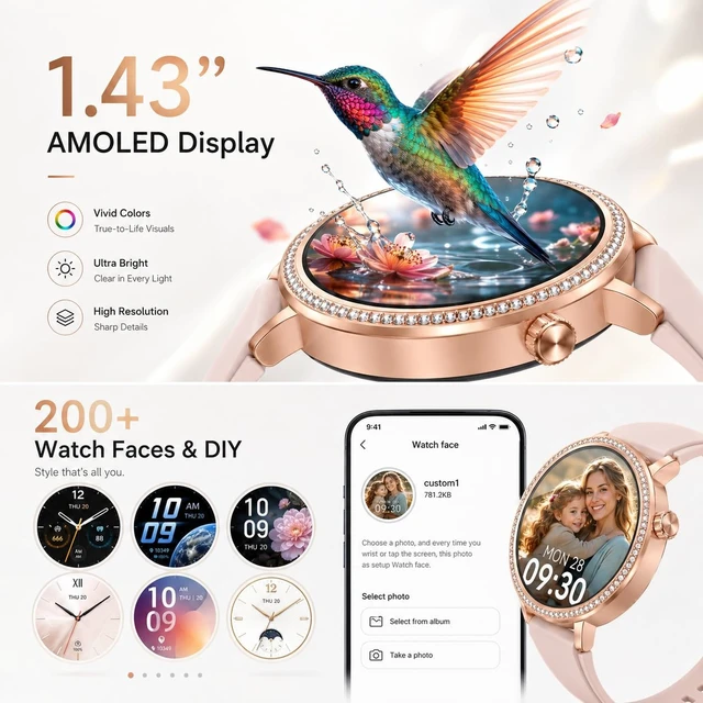 Alt view image 2 of 6 - Smart Watch with Earbuds for Women, 2-in-1 Rose Gold 1.43" AMOLED Smartwatch with Bluetooth Answer/Make Calls, Fitness Tracker, 2 Bands, iOS & Android