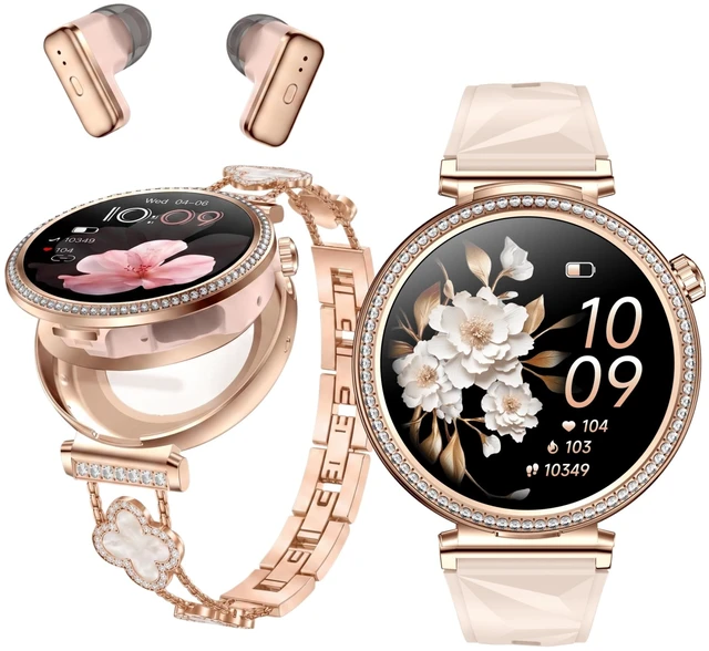 Main image of Smart Watch with Earbuds for Women, 2-in-1 Rose Gold 1.43" AMOLED Smartwatch with Bluetooth Answer/Make Calls, Fitness Tracker, 2 Bands, iOS & Android