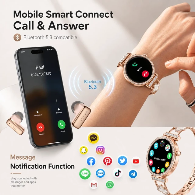Alt view image 4 of 6 - Smart Watch with Earbuds for Women, 2-in-1 Rose Gold 1.43" AMOLED Smartwatch with Bluetooth Answer/Make Calls, Fitness Tracker, 2 Bands, iOS & Android