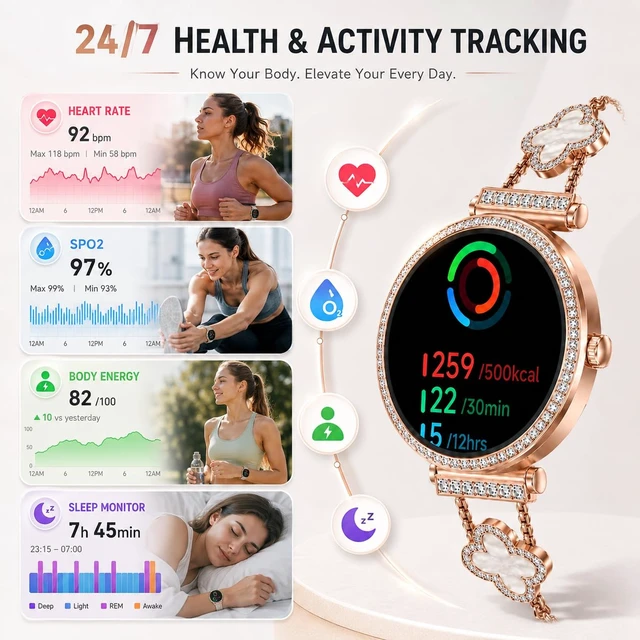 Alt view image 5 of 6 - Smart Watch with Earbuds for Women, 2-in-1 Rose Gold 1.43" AMOLED Smartwatch with Bluetooth Answer/Make Calls, Fitness Tracker, 2 Bands, iOS & Android
