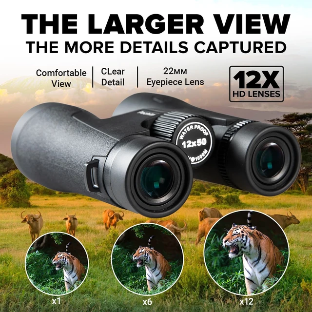 Alt view image 2 of 7 - 12x50 HD Binoculars for Adults - BAK4 Prism & FMC Lens, 22mm Large Eyepiece, IPX7 Waterproof with Carrying bag & Lens Covers, High-Power Compact Binoculars for Bird Watching, Hunting, Concerts, Travel