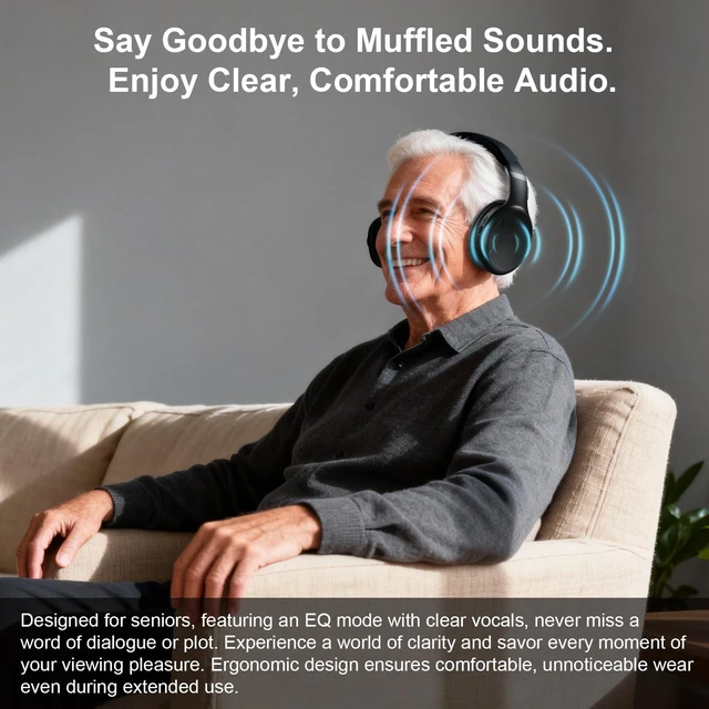 Alt view image 6 of 7 - Wireless Headphones for TV, Bluetooth & 2.4G Dual-Mode Headphones with Transmitter Box, 5 Equalizer Presets with Clear Dialogue, Built-in mic for Calls, TV Ear Headsets, Black
