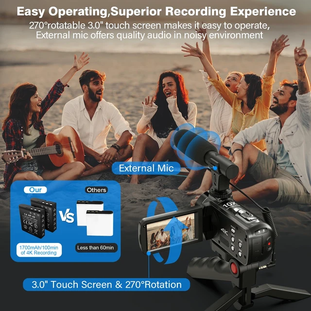 Alt view image 6 of 7 - 4K 30MP Camcorder Video Camera 10X Optical Auto Focus Camcorders Vlogging Camera with Tripod 3.0"" IPS Touch Screen Microphone 32GB SD Card 2 Batteries, DV091