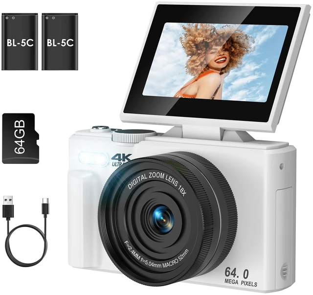 Main image of 4K Digital Camera for Photography, Autofocus Anti-Shake 64MP Vlogging Camera for YouTube, 3'' 180° Flip Screen 18X Zoom Compact Camera with 64GB SD Card and 2 Batteries for Beginner Teenager, White