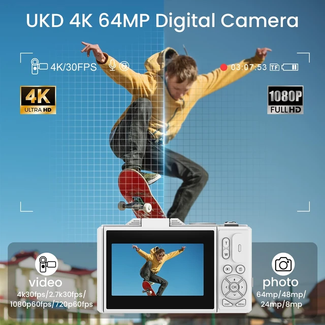 Alt view image 4 of 7 - 4K Digital Camera for Photography, Autofocus Anti-Shake 64MP Vlogging Camera for YouTube, 3'' 180° Flip Screen 18X Zoom Compact Camera with 64GB SD Card and 2 Batteries for Beginner Teenager, White