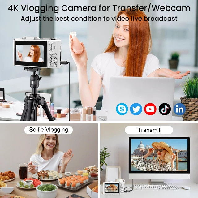 Alt view image 7 of 7 - 4K Digital Camera for Photography, Autofocus Anti-Shake 64MP Vlogging Camera for YouTube, 3'' 180° Flip Screen 18X Zoom Compact Camera with 64GB SD Card and 2 Batteries for Beginner Teenager, White
