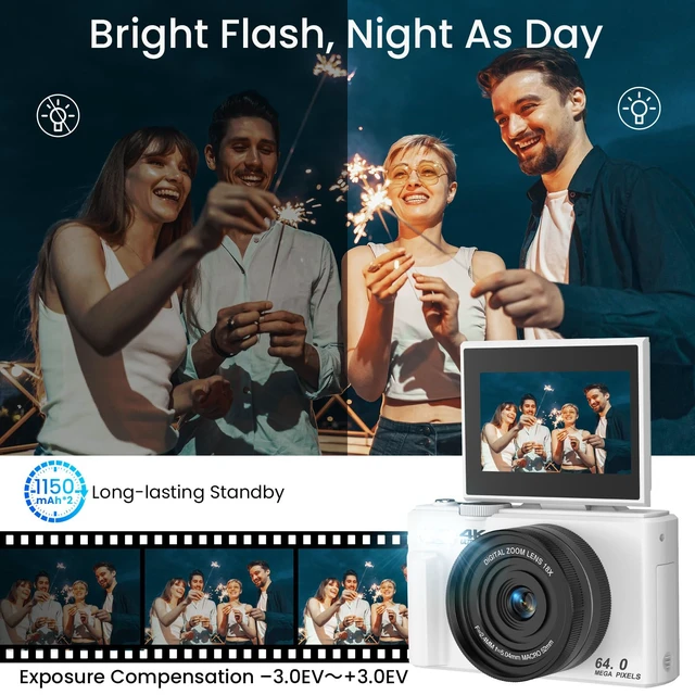 Alt view image 6 of 7 - 4K Digital Camera for Photography, Autofocus Anti-Shake 64MP Vlogging Camera for YouTube, 3'' 180° Flip Screen 18X Zoom Compact Camera with 64GB SD Card and 2 Batteries for Beginner Teenager, White