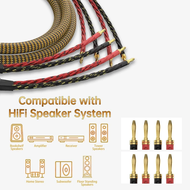 Alt view image 6 of 6 - HiFi OFC Audiophile Speaker Cable, Nylon Braid Gold Plated Banana Plug Cable,with 8 Banana Plugs,(10ft 3m)