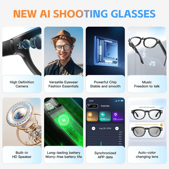 Alt view image 7 of 7 - AI-Powered Smart Translator Glasses with Camera, 11-Language Translation, Video Recording, Photo, App Control for Traveling