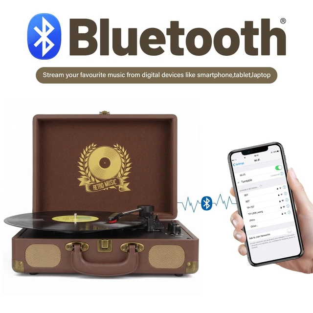 Alt view image 2 of 7 - Vinyl Record Player Bluetooth Turntable 3-Speed Suitcase Portable Vintage Belt-Driven Record Player with Built-in Speakers RCA Line Out AUX in Headphone Jack,Brown