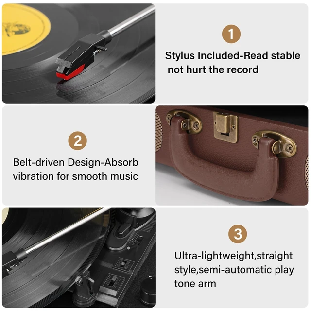 Alt view image 5 of 7 - Vinyl Record Player Bluetooth Turntable 3-Speed Suitcase Portable Vintage Belt-Driven Record Player with Built-in Speakers RCA Line Out AUX in Headphone Jack,Brown