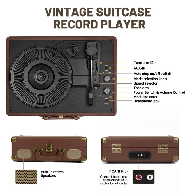 Alt view image 4 of 7 - Vinyl Record Player Bluetooth Turntable 3-Speed Suitcase Portable Vintage Belt-Driven Record Player with Built-in Speakers RCA Line Out AUX in Headphone Jack,Brown