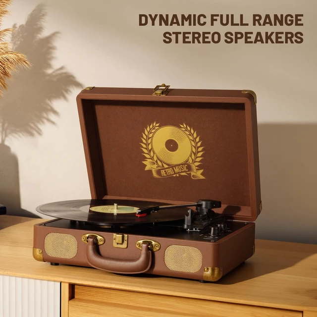 Alt view image 6 of 7 - Vinyl Record Player Bluetooth Turntable 3-Speed Suitcase Portable Vintage Belt-Driven Record Player with Built-in Speakers RCA Line Out AUX in Headphone Jack,Brown