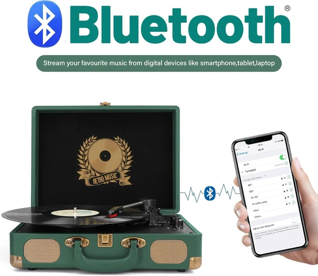 Alt view image 2 of 7 - Vinyl Record Player Bluetooth Turntable 3-Speed Suitcase Portable Vintage Belt-Driven Record Player with Speakers RCA Line Out AUX in Headphone Jack