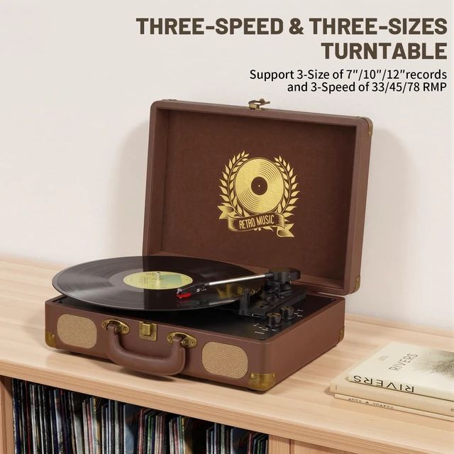 Alt view image 7 of 7 - Vinyl Record Player Bluetooth Turntable 3-Speed Suitcase Portable Vintage Belt-Driven Record Player with Built-in Speakers RCA Line Out AUX in Headphone Jack,Brown