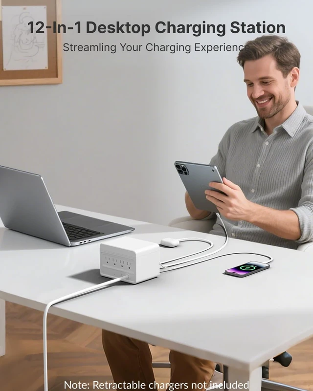 Alt view image 6 of 7 - 8-in-1 Desk Power Strip, App Remote Control, 3.28ft Extension Cord Modular Charging Hub with 8 AC Outlets, 1020J Surge Protection, 45° Flat Plug for Home Office, Desk Accessories, White