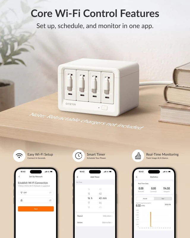 Alt view image 5 of 7 - 8-in-1 Desk Power Strip, App Remote Control, 3.28ft Extension Cord Modular Charging Hub with 8 AC Outlets, 1020J Surge Protection, 45° Flat Plug for Home Office, Desk Accessories, White