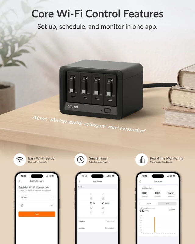Alt view image 5 of 7 - 8-in-1 Desk Power Strip, App Remote Control, 3.28ft Extension Cord Modular Charging Hub with 8 AC Outlets, 1020J Surge Protection, 45° Flat Plug for Home Office, Desk Accessories, Black