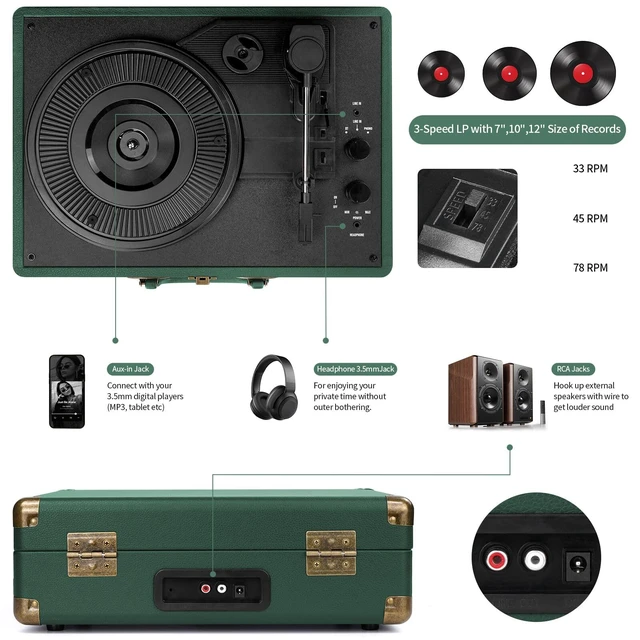 Alt view image 3 of 7 - Vinyl Record Player Bluetooth Turntable 3-Speed Suitcase Portable Vintage Belt-Driven Record Player with Speakers RCA Line Out AUX in Headphone Jack