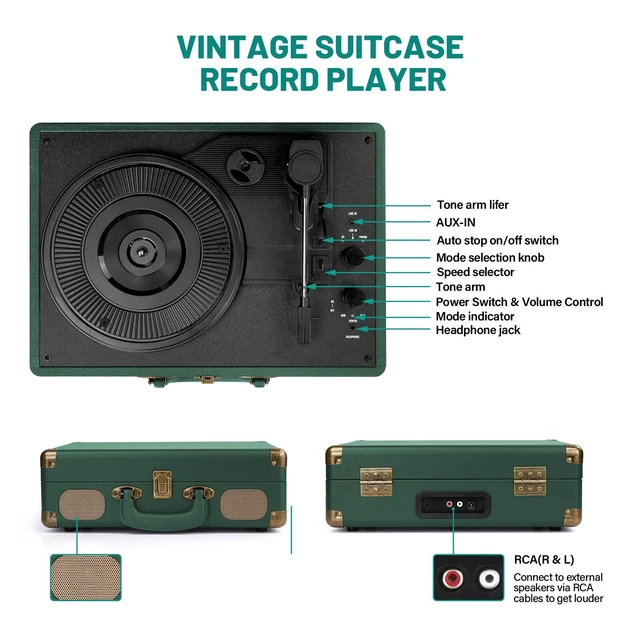 Alt view image 4 of 7 - Vinyl Record Player Bluetooth Turntable 3-Speed Suitcase Portable Vintage Belt-Driven Record Player with Speakers RCA Line Out AUX in Headphone Jack