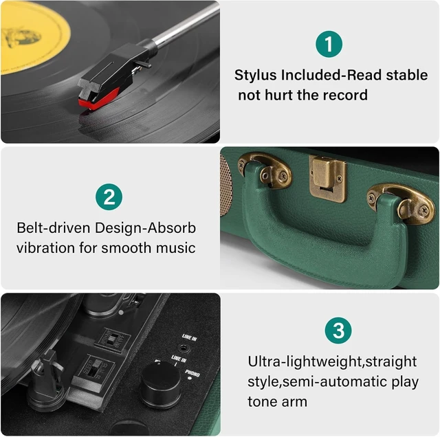 Alt view image 5 of 7 - Vinyl Record Player Bluetooth Turntable 3-Speed Suitcase Portable Vintage Belt-Driven Record Player with Speakers RCA Line Out AUX in Headphone Jack