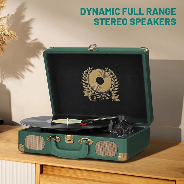 Alt view image 6 of 7 - Vinyl Record Player Bluetooth Turntable 3-Speed Suitcase Portable Vintage Belt-Driven Record Player with Speakers RCA Line Out AUX in Headphone Jack