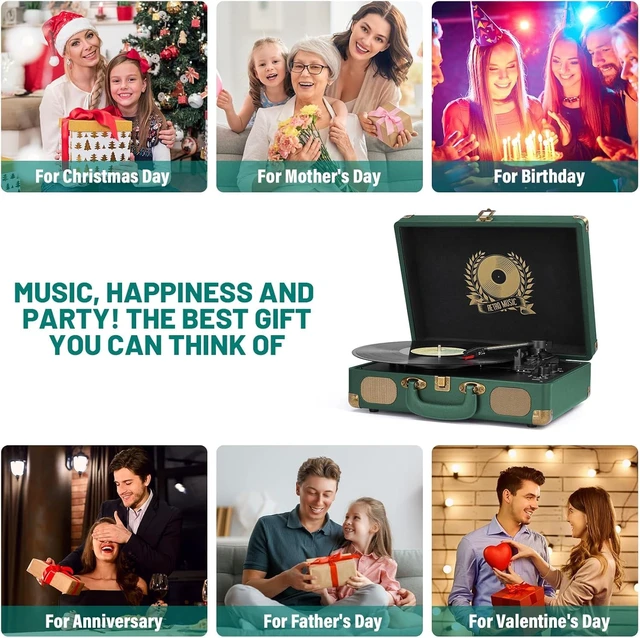 Alt view image 7 of 7 - Vinyl Record Player Bluetooth Turntable 3-Speed Suitcase Portable Vintage Belt-Driven Record Player with Speakers RCA Line Out AUX in Headphone Jack