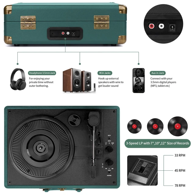 Alt view image 3 of 7 - Vinyl Record Player Bluetooth Turntable 3-Speed Suitcase Portable Vintage Belt-Driven Record Player with Speakers RCA Line Out AUX in Headphone Jack Hunter Green