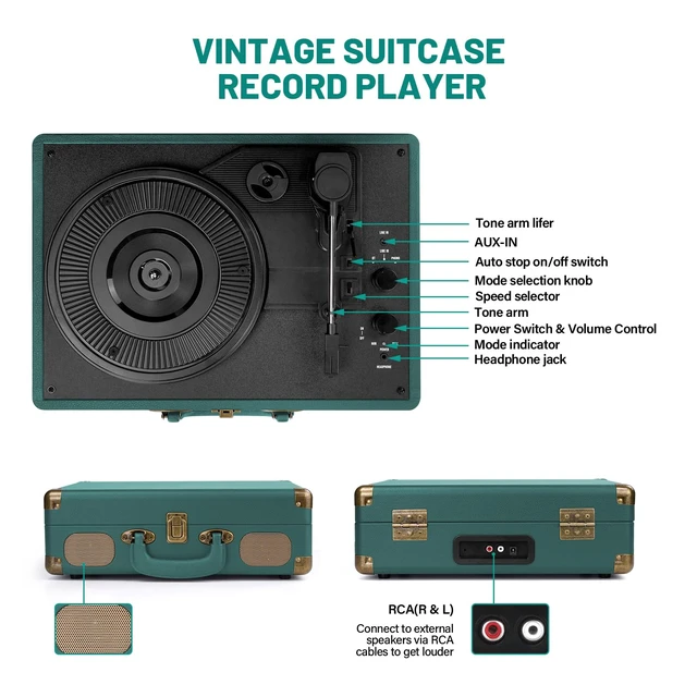 Alt view image 4 of 7 - Vinyl Record Player Bluetooth Turntable 3-Speed Suitcase Portable Vintage Belt-Driven Record Player with Speakers RCA Line Out AUX in Headphone Jack Hunter Green