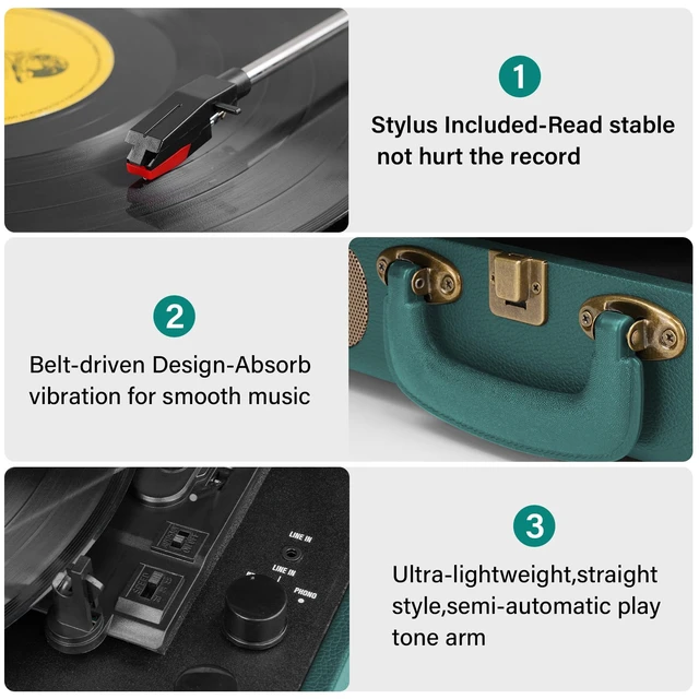 Alt view image 5 of 7 - Vinyl Record Player Bluetooth Turntable 3-Speed Suitcase Portable Vintage Belt-Driven Record Player with Speakers RCA Line Out AUX in Headphone Jack Hunter Green