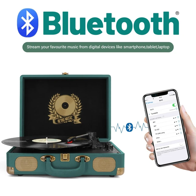 Alt view image 2 of 7 - Vinyl Record Player Bluetooth Turntable 3-Speed Suitcase Portable Vintage Belt-Driven Record Player with Speakers RCA Line Out AUX in Headphone Jack Hunter Green