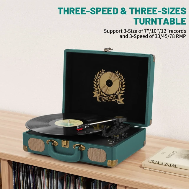 Alt view image 7 of 7 - Vinyl Record Player Bluetooth Turntable 3-Speed Suitcase Portable Vintage Belt-Driven Record Player with Speakers RCA Line Out AUX in Headphone Jack Hunter Green