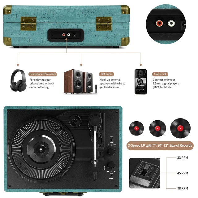 Alt view image 3 of 7 - Vinyl Record Player 3-Speed Bluetooth Suitcase Portable Belt-Driven Turntable,Record Player with Speakers Supports Bluetooth, RCA Output, 3.5mm aux-in and Headphone Jack