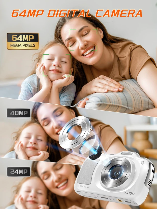 Alt view image 2 of 7 - 4K 64MP Digital Camera with 32GB Card and 16X ZoomEasy for Kids(White) Autofocus Portable Compact Camera for Photography, Perfect for Teens, Kids, Adults & Beginners