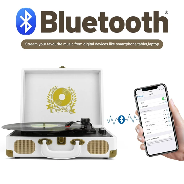 Alt view image 2 of 7 - Record Player Bluetooth Turntable 3-Speed Suitcase Portable Vintage Belt-Driven Vinyl Record Player with Built-in Speakers RCA Line Out AUX in Headphone Jack