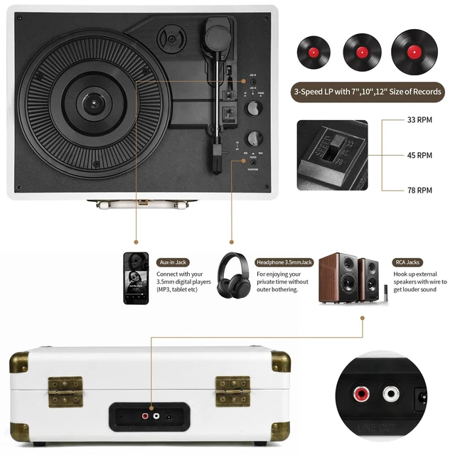Alt view image 3 of 7 - Record Player Bluetooth Turntable 3-Speed Suitcase Portable Vintage Belt-Driven Vinyl Record Player with Built-in Speakers RCA Line Out AUX in Headphone Jack