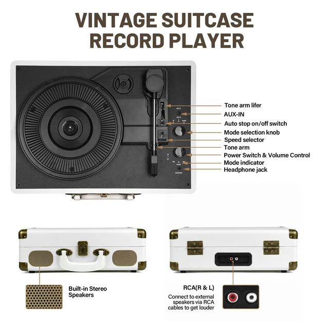 Alt view image 4 of 7 - Record Player Bluetooth Turntable 3-Speed Suitcase Portable Vintage Belt-Driven Vinyl Record Player with Built-in Speakers RCA Line Out AUX in Headphone Jack