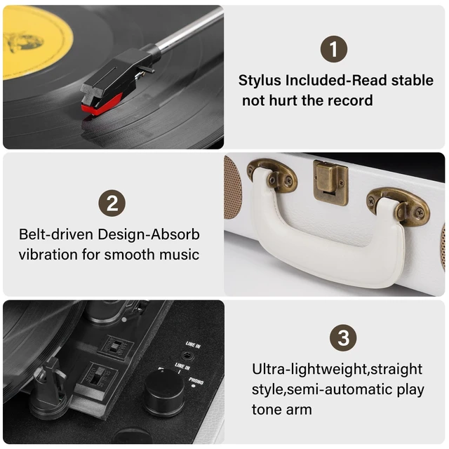 Alt view image 5 of 7 - Record Player Bluetooth Turntable 3-Speed Suitcase Portable Vintage Belt-Driven Vinyl Record Player with Built-in Speakers RCA Line Out AUX in Headphone Jack