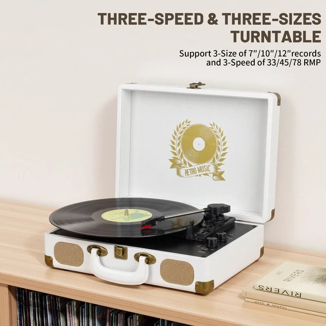 Alt view image 7 of 7 - Record Player Bluetooth Turntable 3-Speed Suitcase Portable Vintage Belt-Driven Vinyl Record Player with Built-in Speakers RCA Line Out AUX in Headphone Jack