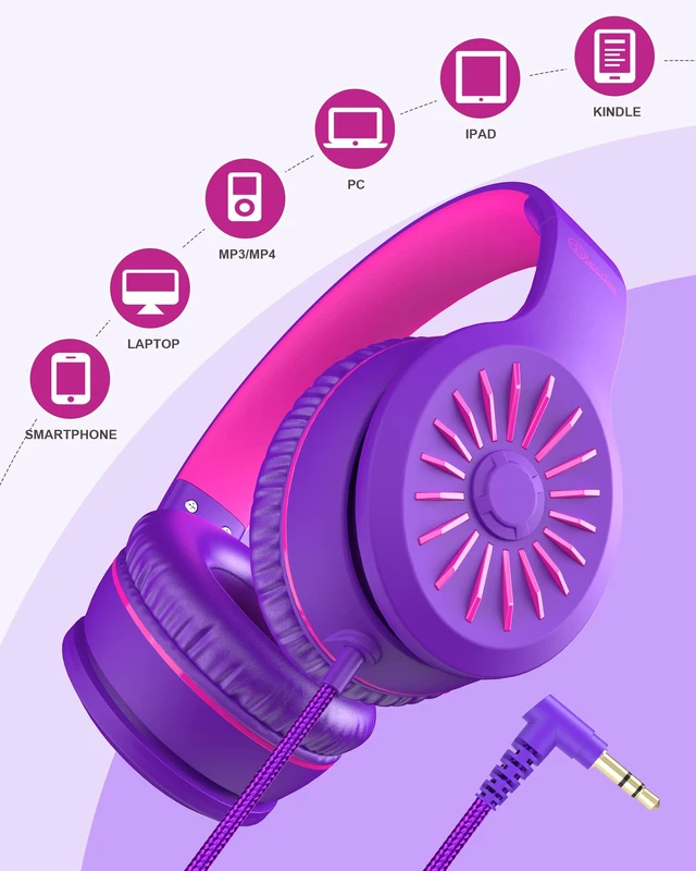 Alt view image 5 of 7 - i45 Kids Headphones Wired, On-Ear Headphones for School, Purple Foldable Portable, 1.5M Cord Headphone Stereo Aux Jack 3.5mm Headset for Smartphones Chromebook Computer PC Airplane Travel