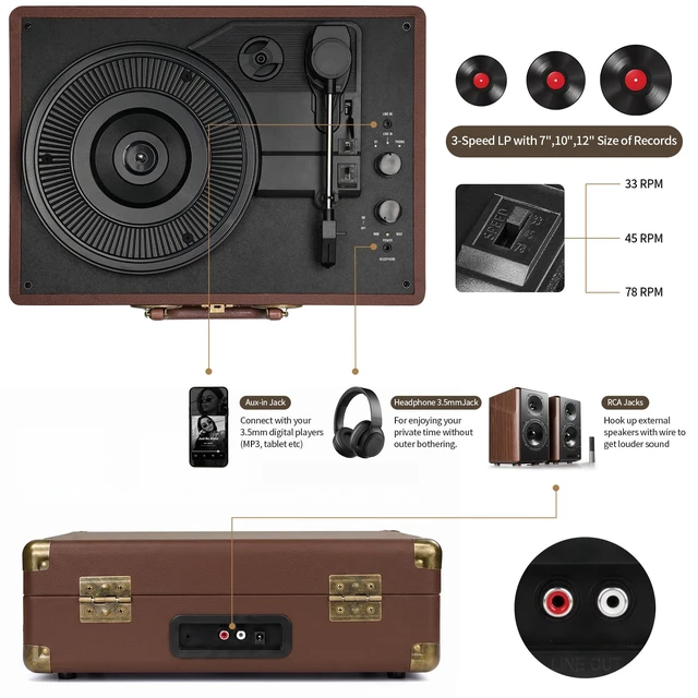 Alt view image 3 of 7 - Vinyl Record Player Bluetooth Turntable 3-Speed Suitcase Portable Vintage Belt-Driven Record Player with Built-in Speakers RCA Line Out AUX in Headphone Jack,Brown