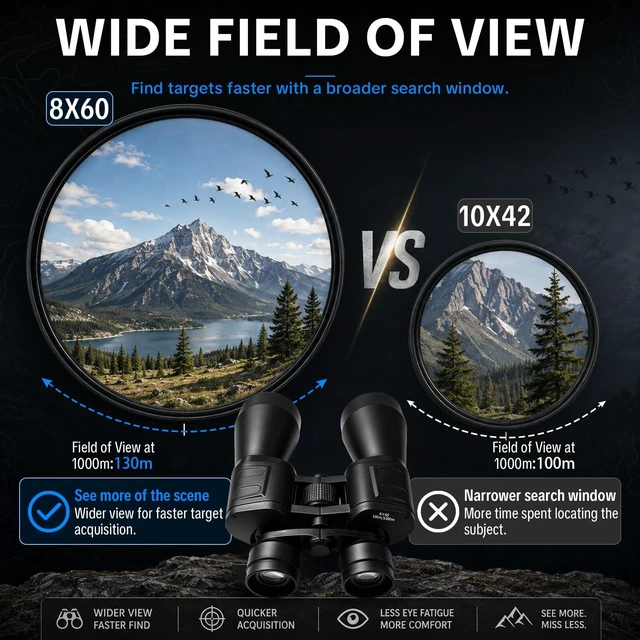 Alt view image 4 of 7 - 8x60mm Large Objective Adults Binoculars,FMC Fully Multi-Coated Lens & BAK4 Prism & HD Optics, Designed for Low-Light Use, Ideal for Bird Watching,Hunting,Astronomy & Stargazing,Cruise,Gifts for Men